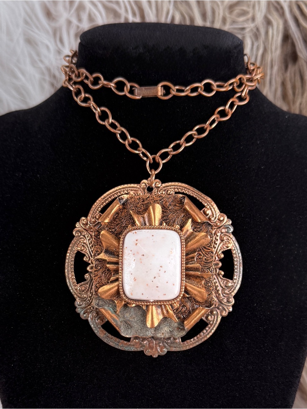 Vintage Ornate Copper Tone Statement Necklace White Flecked Cabochon Pendant